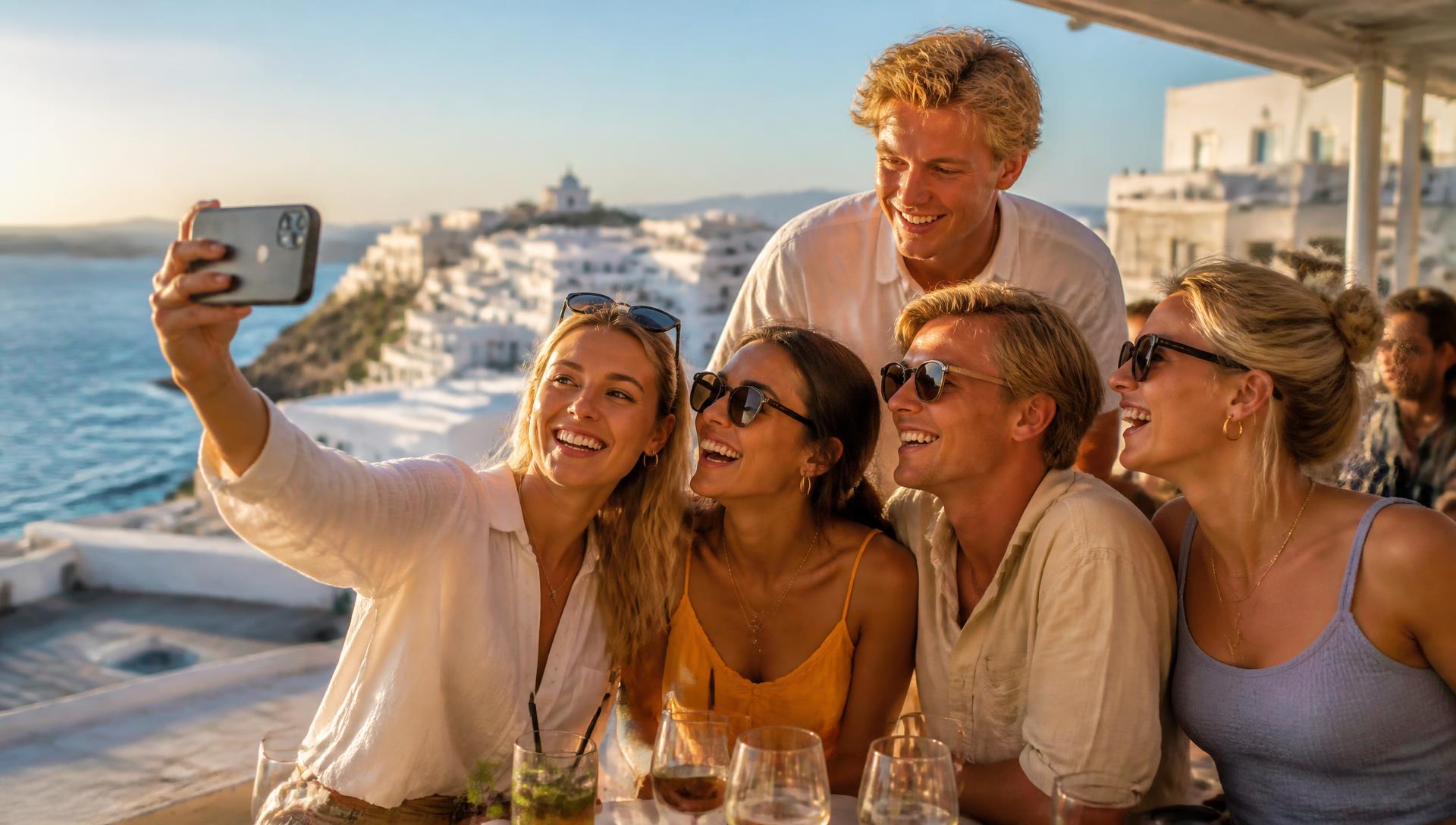 Unge mennesker hygger sig og tager selfies på en solrig tagterrasse i Grækenland
